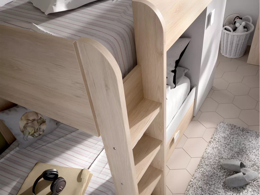 Lits superposés d'angle réversibles RICARDO - 2 x 90 x 190 cm - Rangements intégrés - Chêne et blanc
