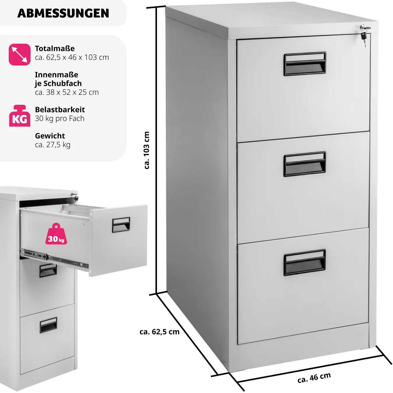 tectake® Aktenschrank, aus pulverbeschichtetem Stahl, Etiketten zur Beschriftung, 62,4 x 46 x 102,8 cm