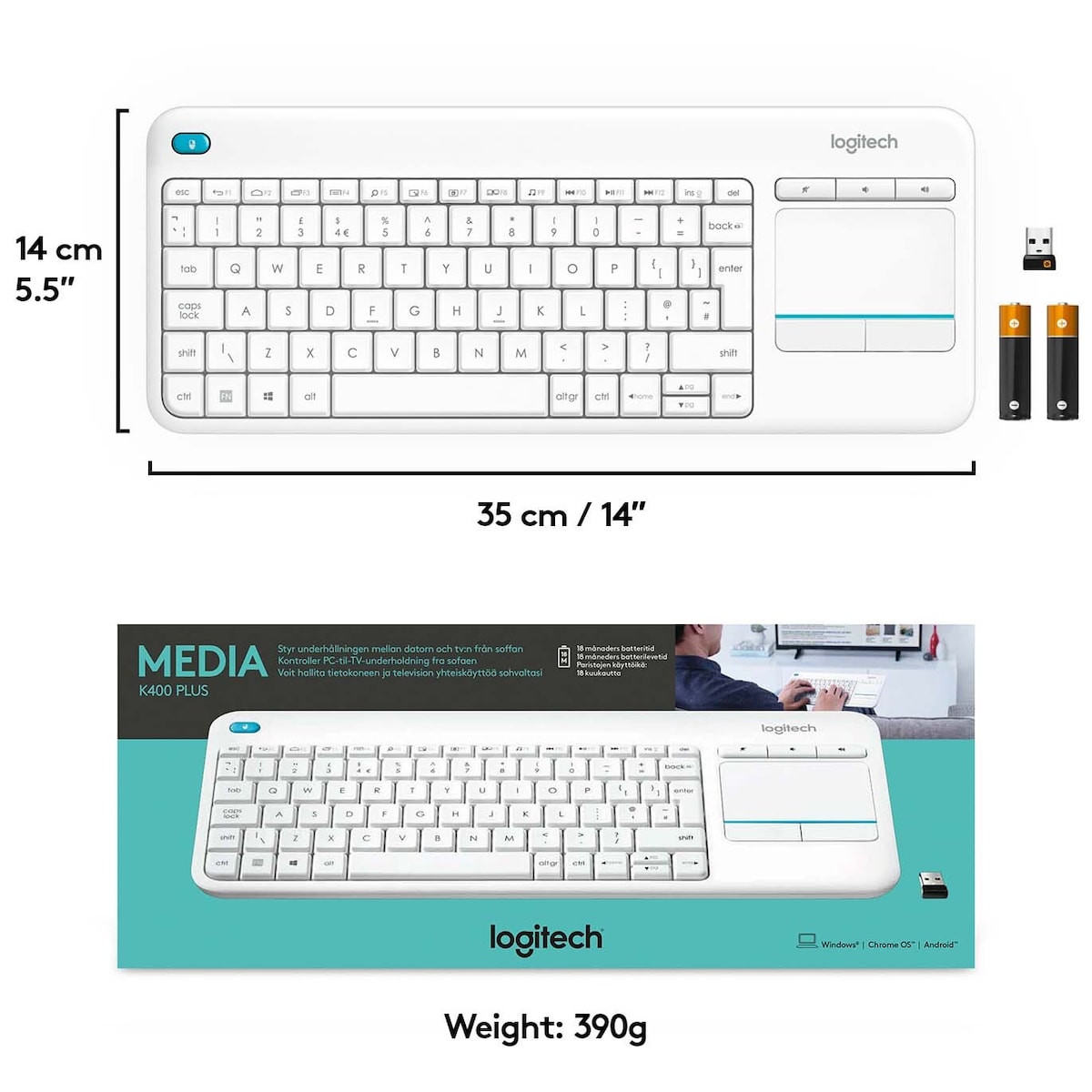 Logitech K400 Plus trådløst HTPC-tastatur for TV-er (hvit)