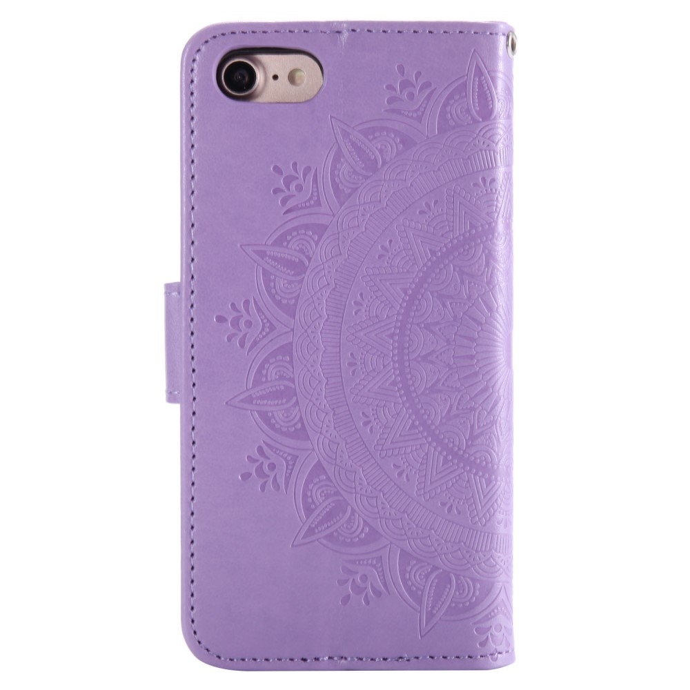 iPhone SE (2022/2020) / 8 / 7 / 6S Leder Tasche Wallet - Mandala Flowers Imprint - Lila