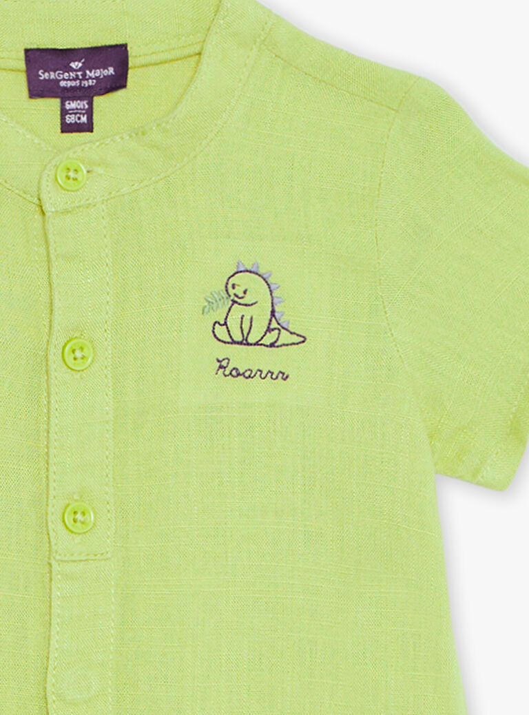 Chemise verte en lin à broderie dinosaure