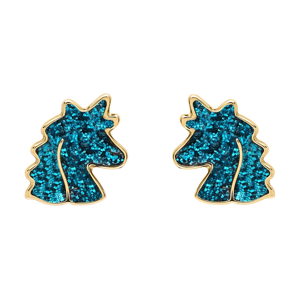 Puces d'oreilles Brillaxis tête de licorne turquoiseor jaune 9 carats