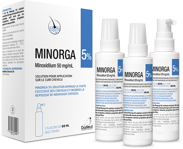 MINORGA Lös 5 % Fl 60 ml<br>3 × 60 ml, Flasche, Lösung zur Anwendung auf der Haut