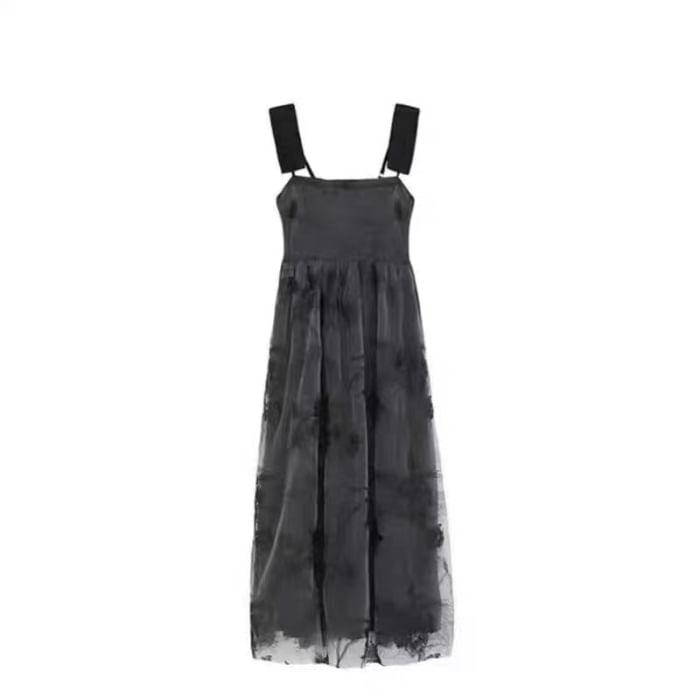 Elbelier - Spaghettibandjes bloemenprint midi A-lijn jurk / effen cropped vest