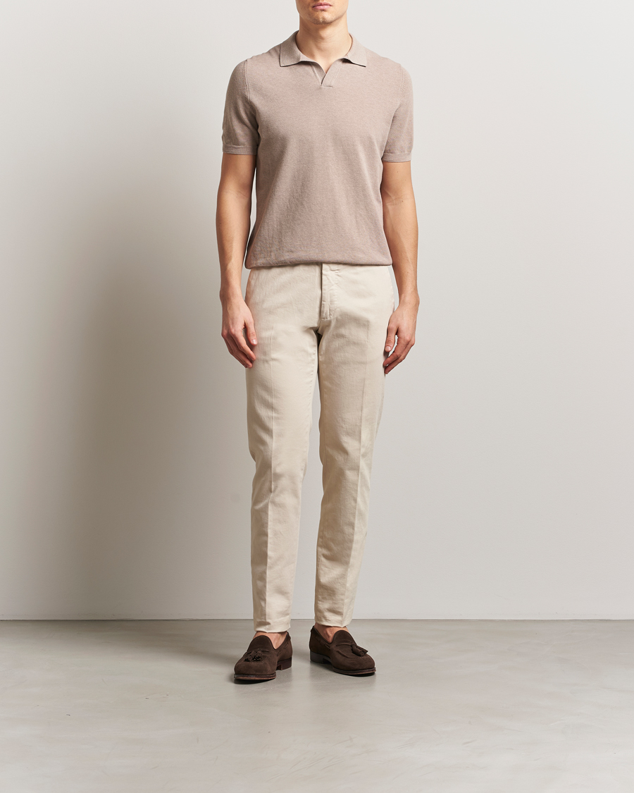 Gran Sasso Cotton Structured Knitted Open Collar Polo Beige