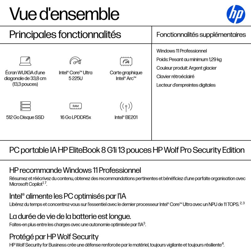 HP EliteBook 8 G1i 13 inch Notebook AI PC Wolf Pro Security Edition Intel Core Ultra 5 225U Ordinateur portable 33,8 cm (13.3