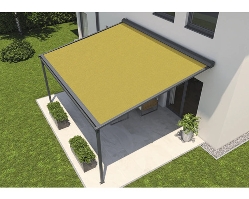 SOLUNA Pergola met stoffen dak 4x3, stoffen dessin S1468, frame RAL 7016 antracietgrijs, aandrijving links inclusief motor, wandschakelaar (wandmontage)
