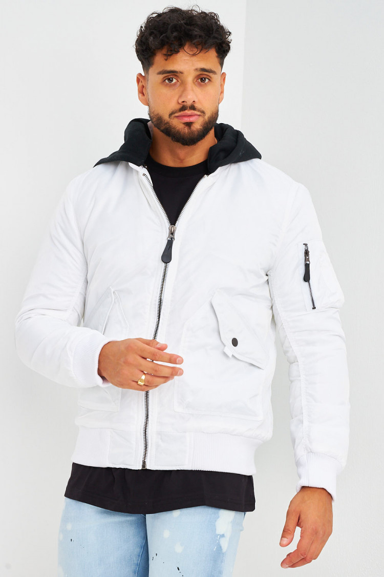 Bomber épais blanc avec capuche noire en coton amovible