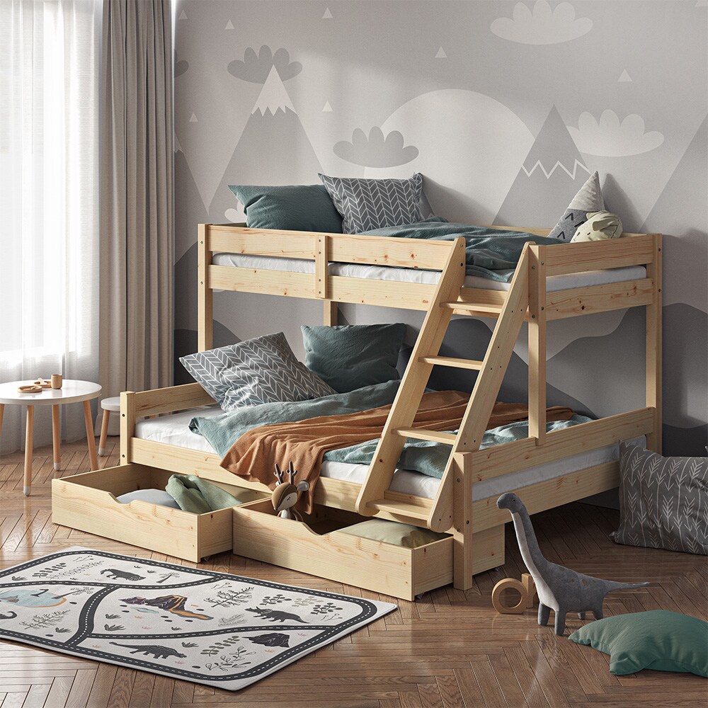 VitaliSpa Hochbett Kinderbett Spielbett Everest Natur modern 140x200 Massivholz Kinderzimmer Bett Lattenrost Bettleiter Kletterbett Doppelbett Geschwisterbett Bettschublade Rollschublade