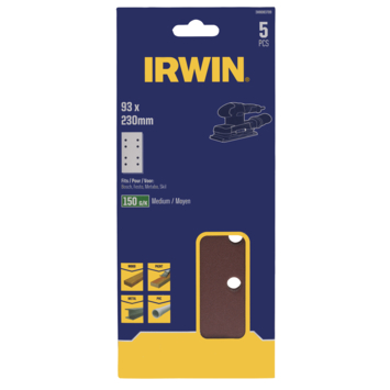 Irwin schuurvel 230 x 93 mm K150 voor klembevestiging, met perforatie voor  Bosch, Skil, Gamma, Makita, Metabo, 5 stuks.
