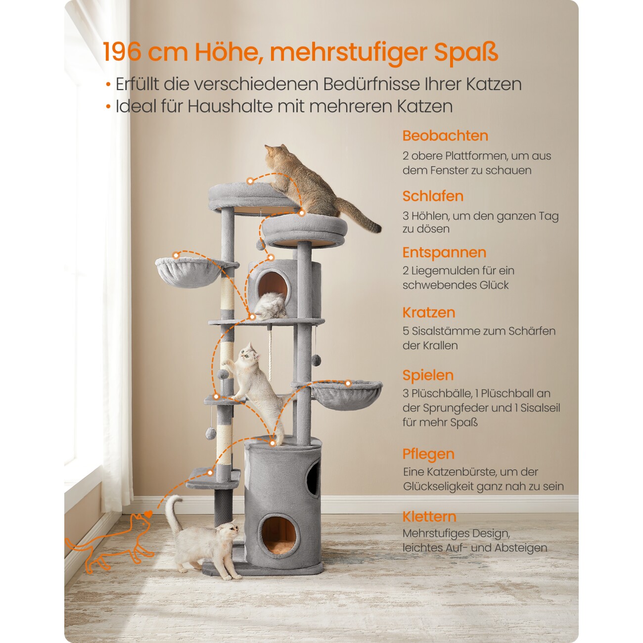 FEANDREA Kratzbaum 196cm mit Katzenturm warme Kissen