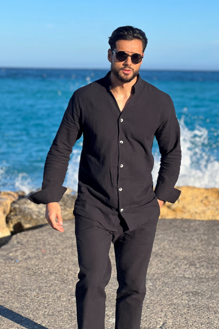 Ensemble 2 pièces chemise + pantalon effet lin noir
