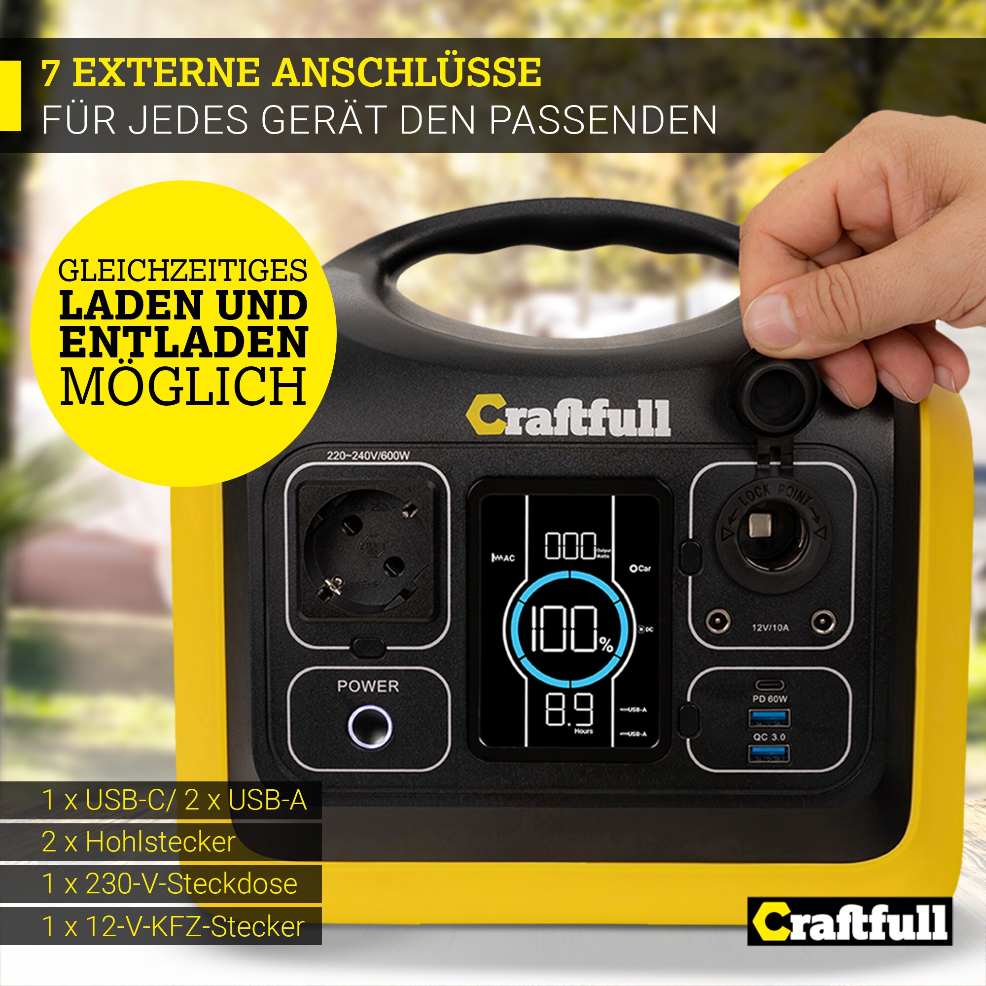 Craftfull Powerstation Adventure CP-600, 595 Wh, 600 Watt, tragbar, Lithium-Akku, Steckdose, USB (Schwarz/Gelb)