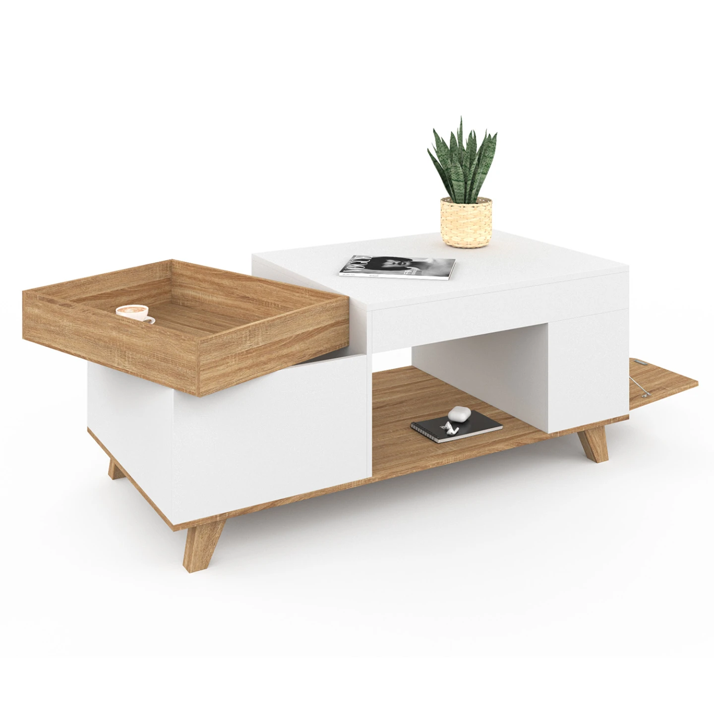 Table basse rectangulaire plateau relevable et plateau amovible avec coffre LOLA bois et blanc