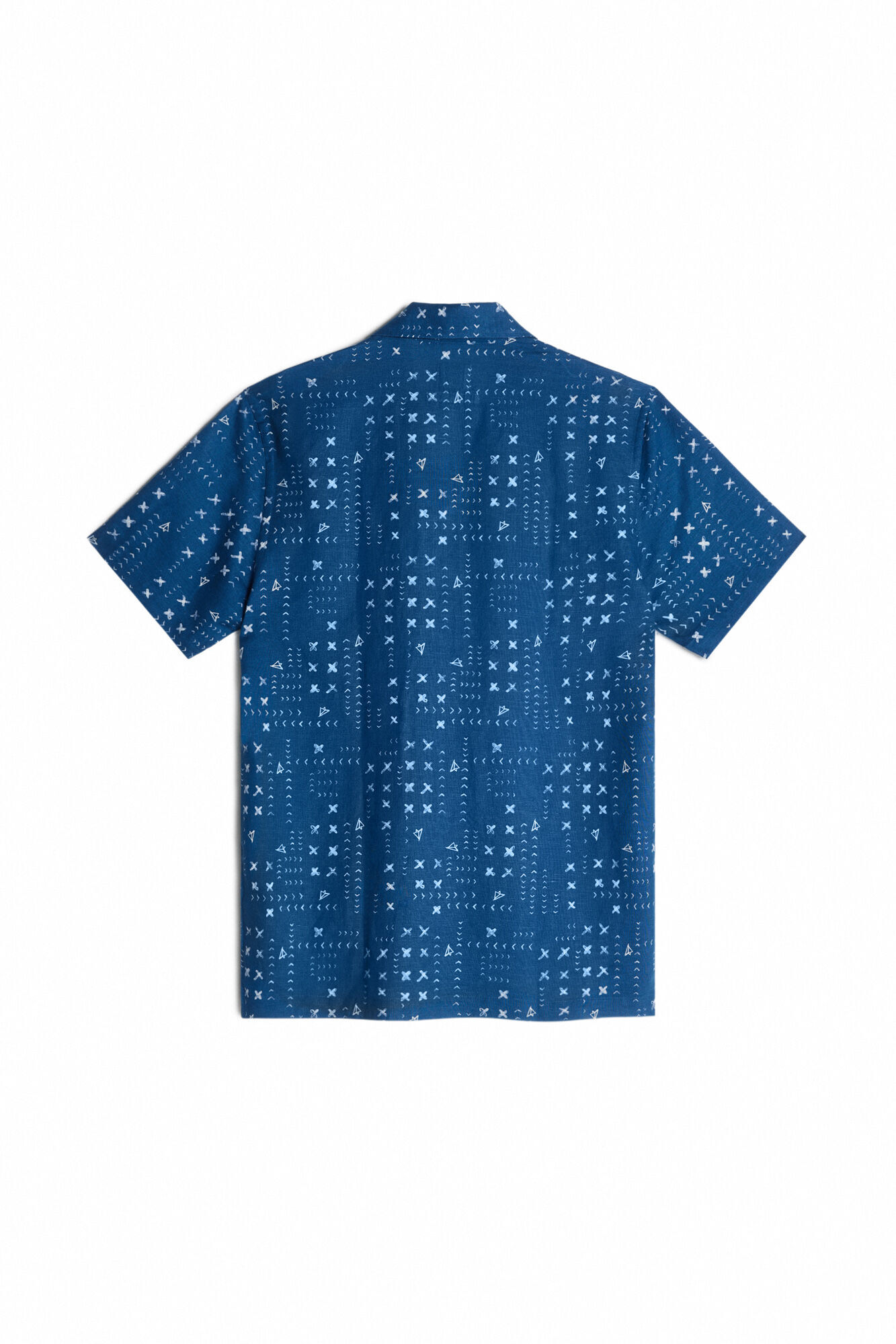 Camisa de linho de manga curta com estampa de patchwork - Azul marinho