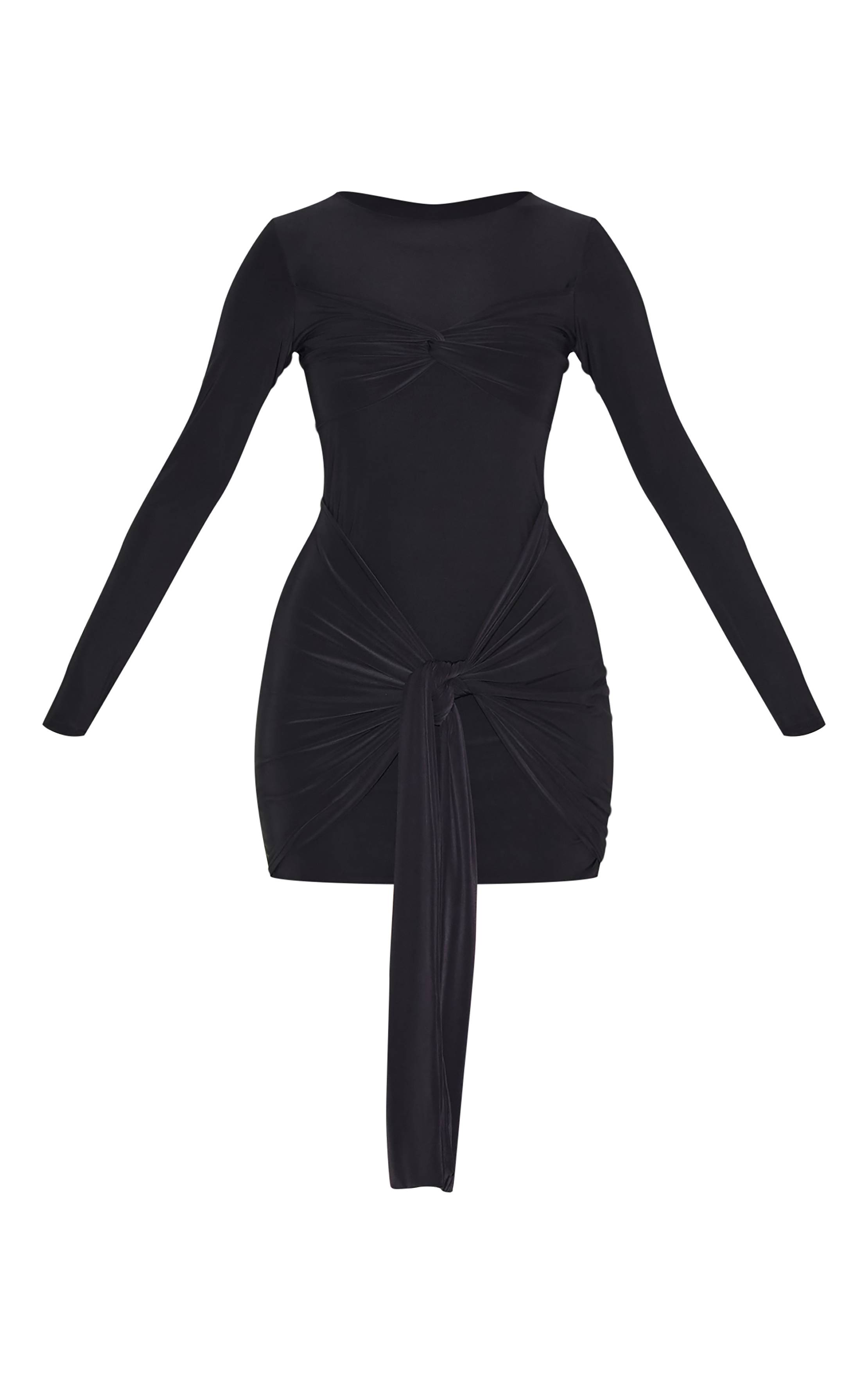 Noir Robe Courte Moulante À Manches Longues Avec Détail Torsadé Cache-cœur