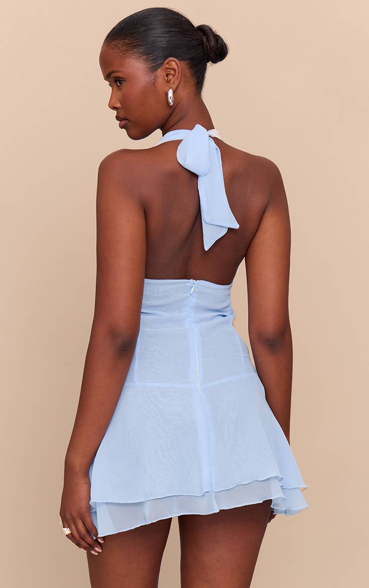Bleu Layette Robe Mini Froncée À Col Bénitier En Mousseline À Imprimé Fleuri