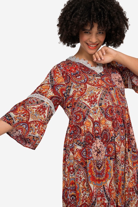 Maxikleid, A-Linie, Alloverdruck, Tunika-Ausschnitt, 3/4-Ärmel