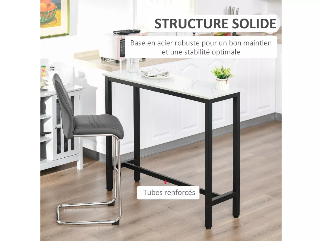 Table de bar - table haute de cuisine - dim. 120L x 40l x 100H cm - châssis piètement acier noir, plateau aspect marbre blanc