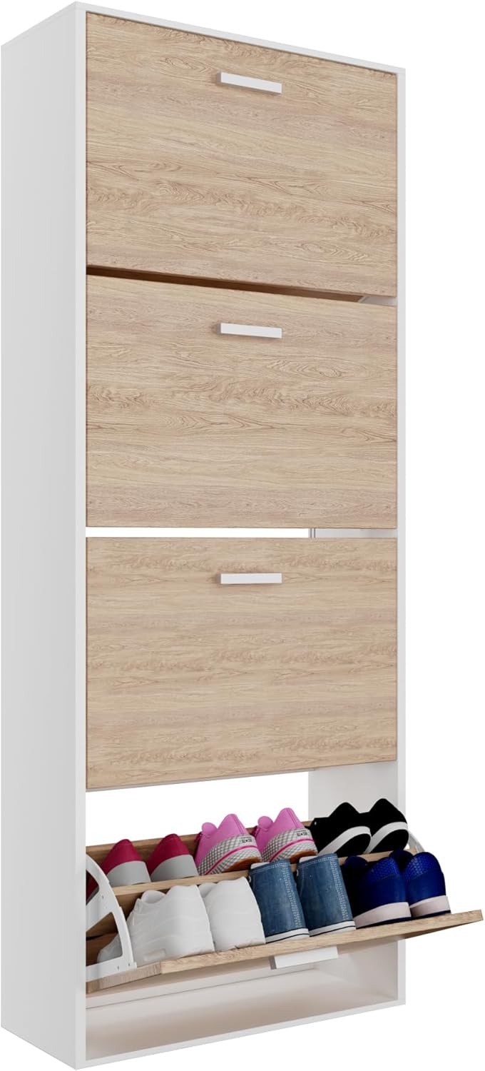 CASABEL Meuble de Rangement à Chaussure 24 Paires - Grande Capacité pour Entrée - L60xP24xH150 cm - Portes Bois Clair Cadre Blanc GX8397892