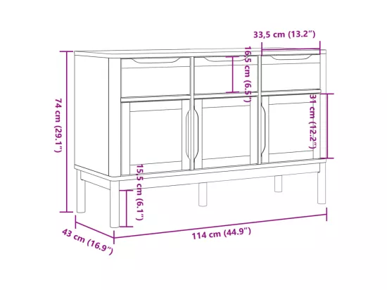 Buffet FLORO gris 114x43x74 cm bois massif de pin