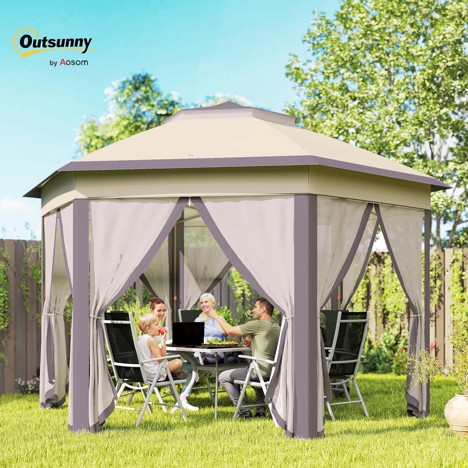 Outsunny Pavillon 4x4m Wasserdicht Pop-up sechseckiger Faltpavillon, Doppeldach, Gartenpavillon mit 6 Seitenteilen, Partyzelt inkl. Tragetasche, für Garten, Terrasse, Festival, Kaffee+Beige