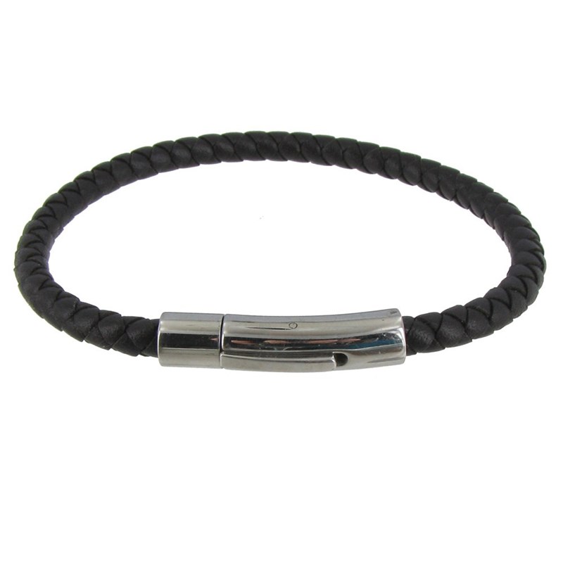 Bracelet Homme Cuir Tréssé Rond Fermoir Acier Inoxydable - Classics - Noir