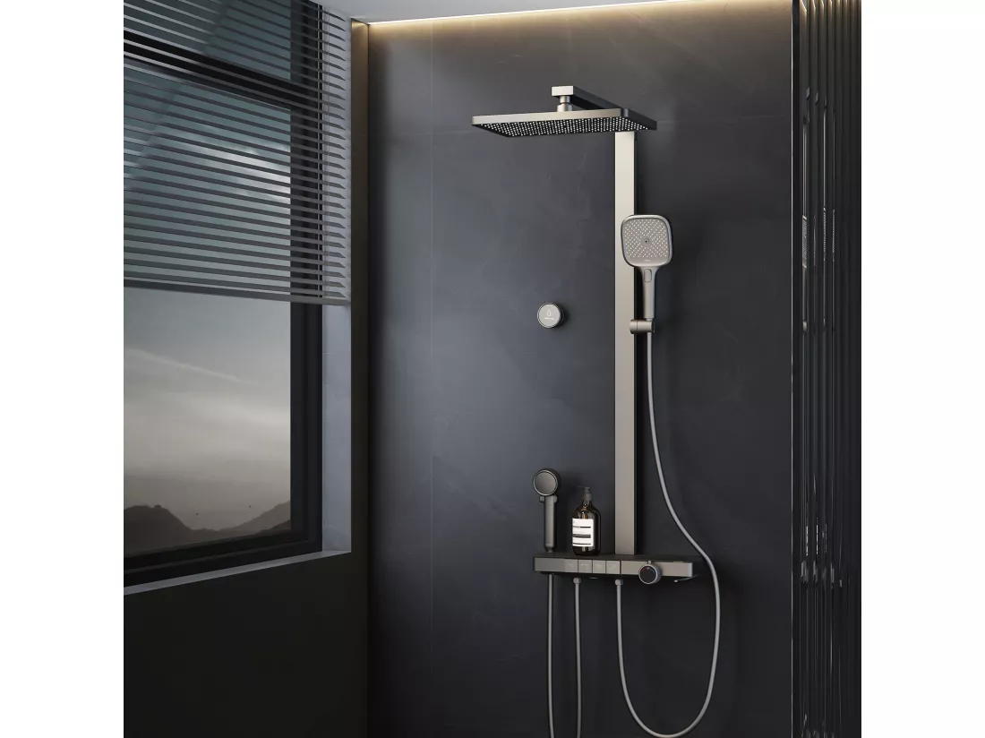 EMKE Colonne de douche avec thermostat 38℃ Douche pluie 40 cm étagère en verre avec 3+1 douchette parent-enfant+porte-douche - anthracite matt
