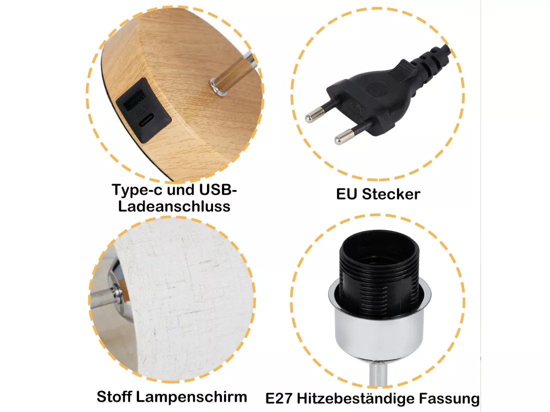 NETTLIFE Lampe de table tactile dimmable E27 lampe de chevet salon abat-jour en tissu moderne