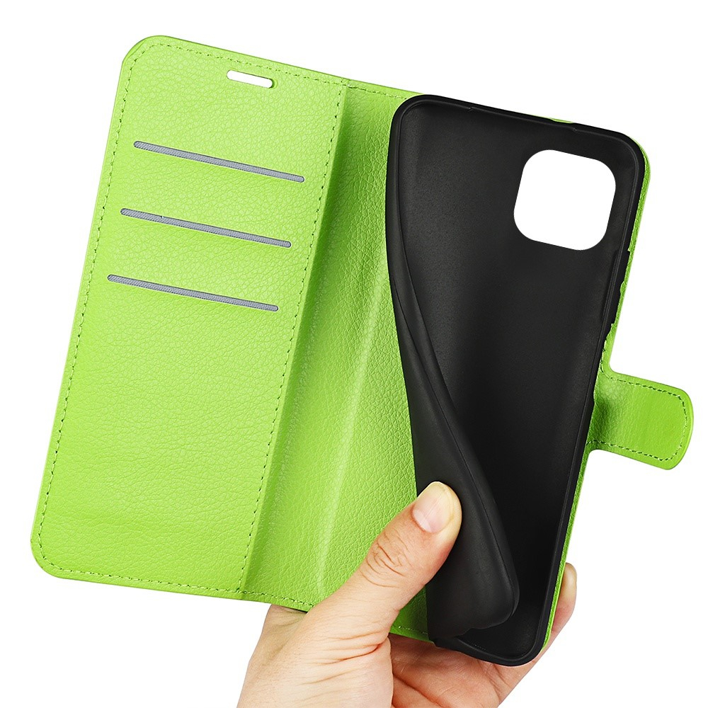 iPhone 14 Leder Tasche Flip Cover Litchi Look - Grün