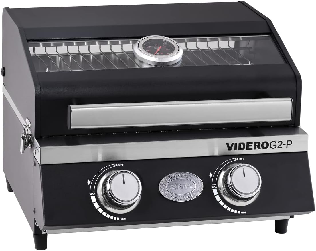 RÖSLE Gasgrill BBQ-Portable VIDERO G2-P, tragbarer Tischgrill mit 2 Edelstahlbrennern, Warmhalterost und Deckel mit Glaseinsatz sowie Deckelthermometer, pulverbeschichteter Stahl, 50 mbar