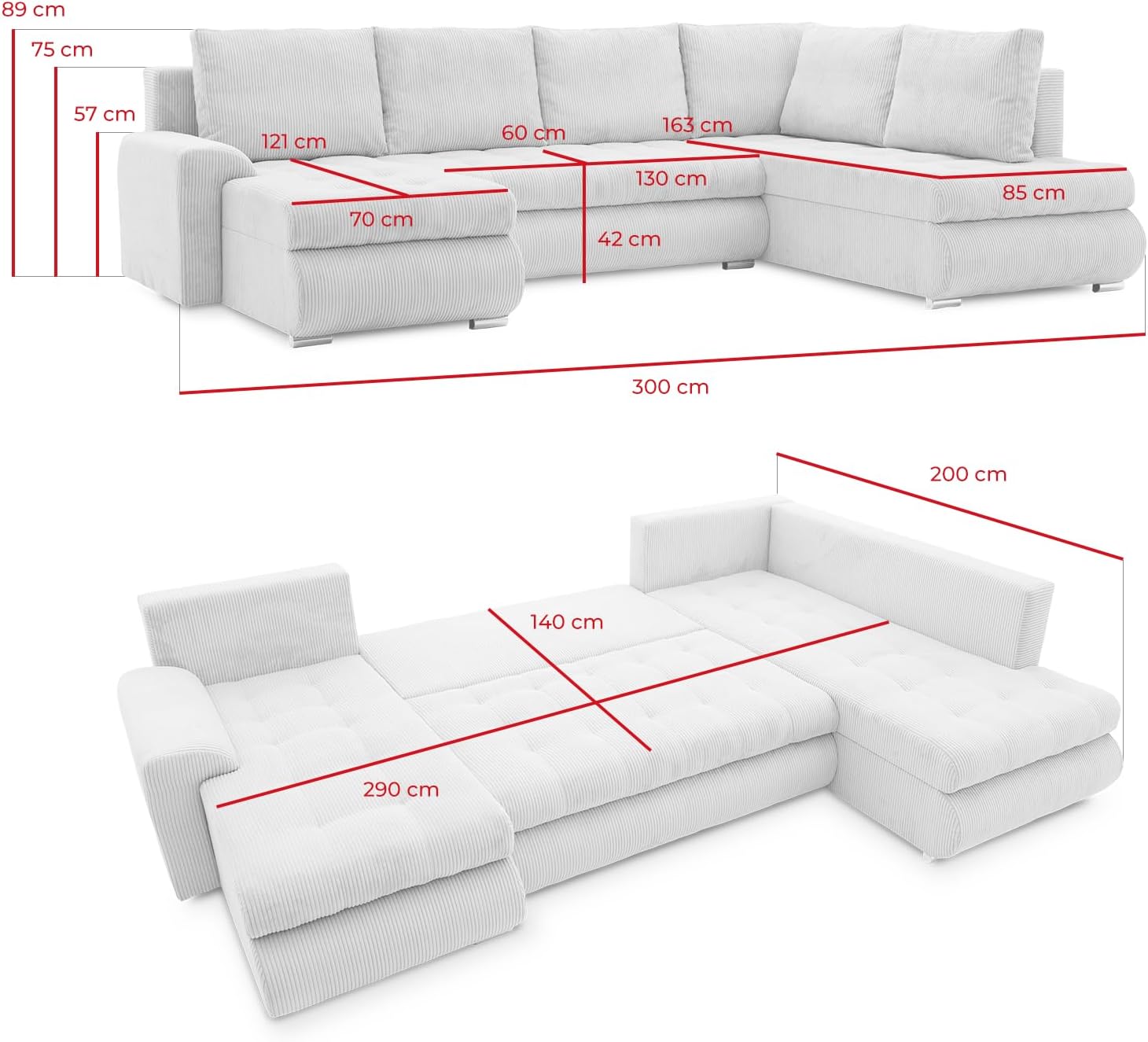 Mebligo - Ecksofa mit Schlaffunktion und Bettkasten Tokio II PRO, 300 cm Breit, Wohnzimmer Eckcouch Ottomane Rechts, Sofa Cord mit Bettfunktion - Sofa Grau (Poso 022)