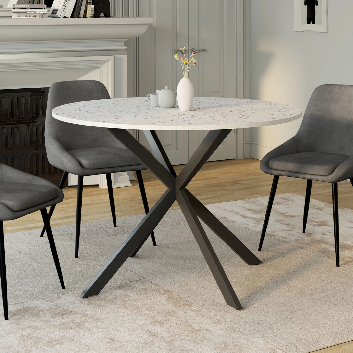 Table à manger ronde ALIX 6 personnes pied araignée noir plateau effet terrazzo SIMONE  110 cm