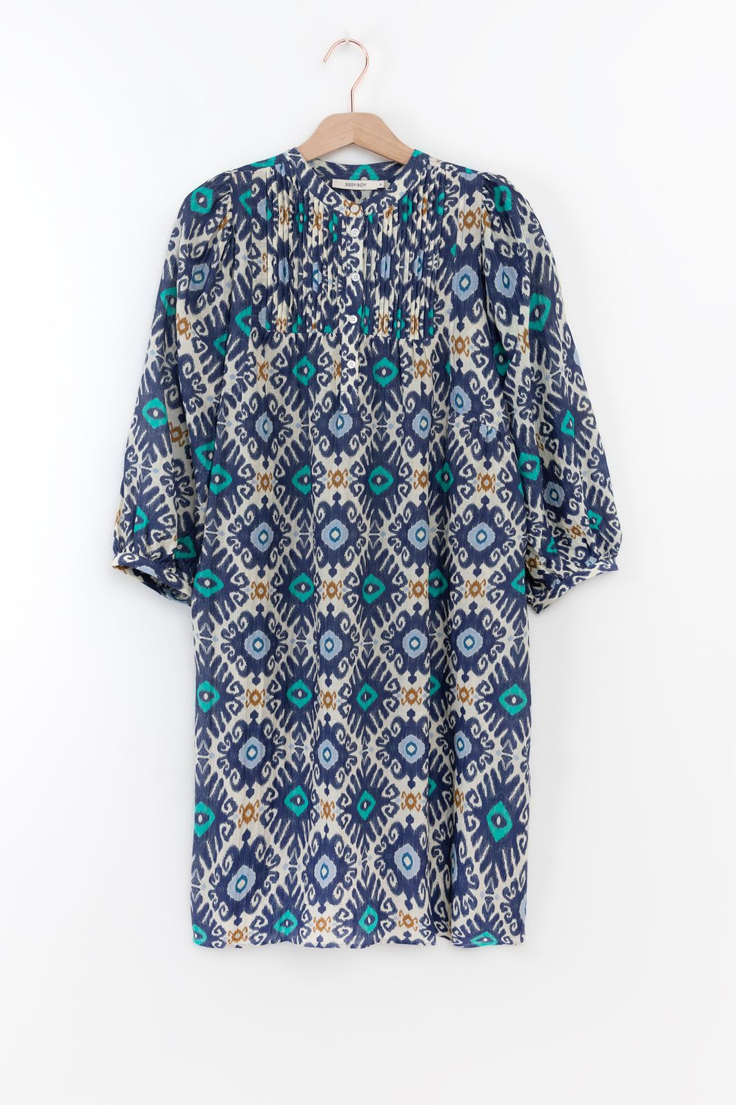 Blauwe A-lijn midi jurk met print