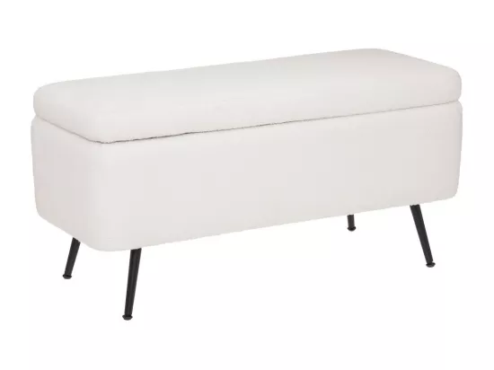 Banc Coffre tissu blanc à bouclettes et pieds en métal 100 x 40 cm