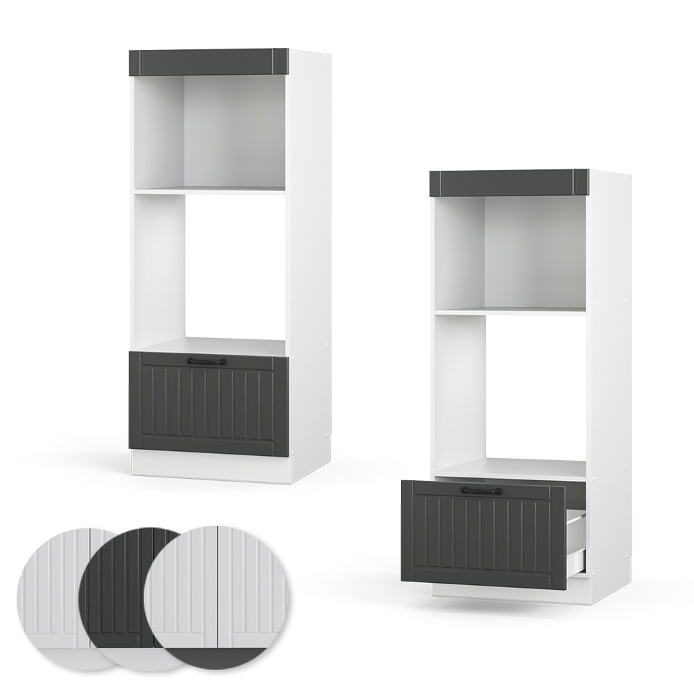Vicco Mikrowellenumbauschrank Küchenschrank Küchenmöbel Fame-Line Landhaus Weiß Dunkelgrau 60 cm Gold Küche Einbauküche Blende Hochschrank Schublade Mikrowelle Backofen Küchenzeile
