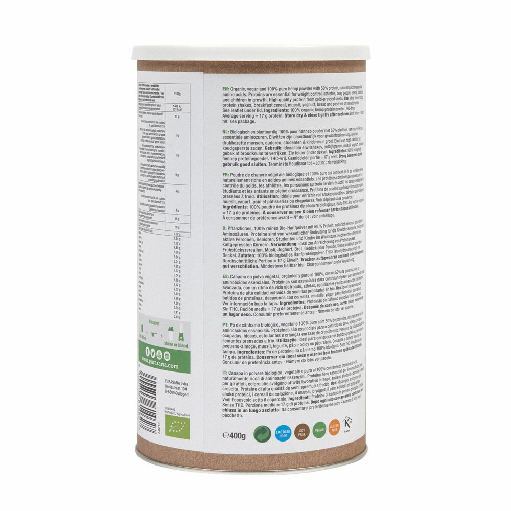 Purasana Purasana Single Protein Powder 50% Hennep Natuur Vegan Bio400 gr