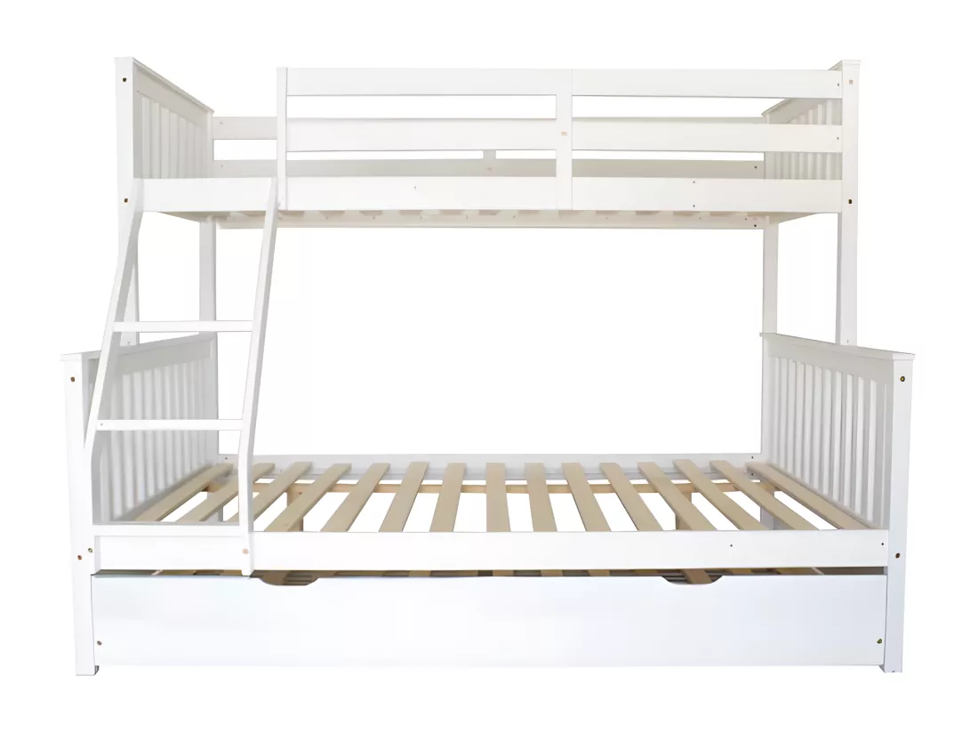 Lit superposé triple + lit pieds pliants bois blanc 135 cm