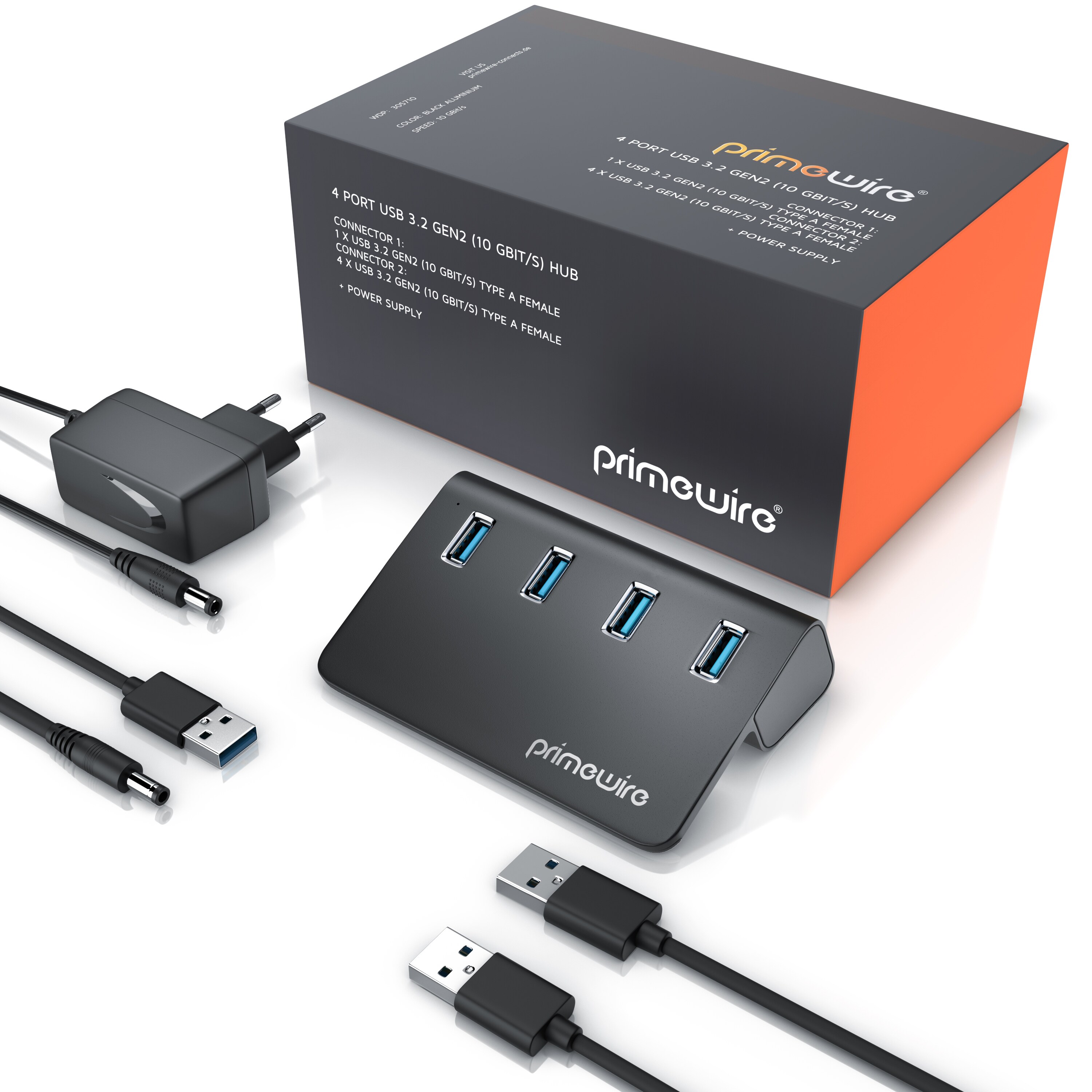 Primewire USB 3.2 Gen2 Hub, 4 Port Aktiver Verteiler mit Netzteil, 10 Gbit/s