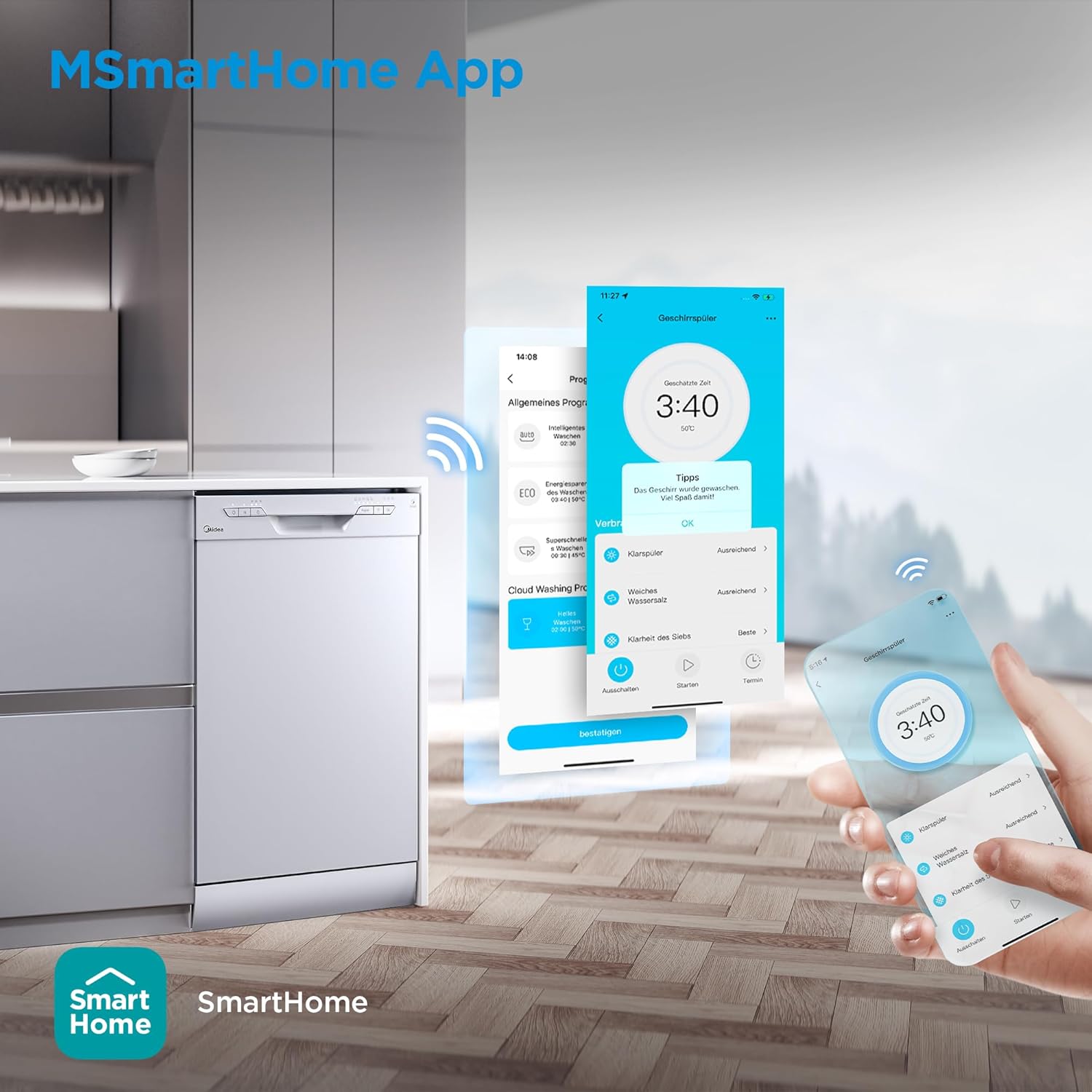 Midea SF 3.45NW PRO Geschirrspüler 45 cm Freistehend und Unterbaufähig, 9 Maßgedecke, Spülmaschine mit WLAN, 5 Programme, Höhenverstellbarer Oberkorb, 47 dB, Weiß