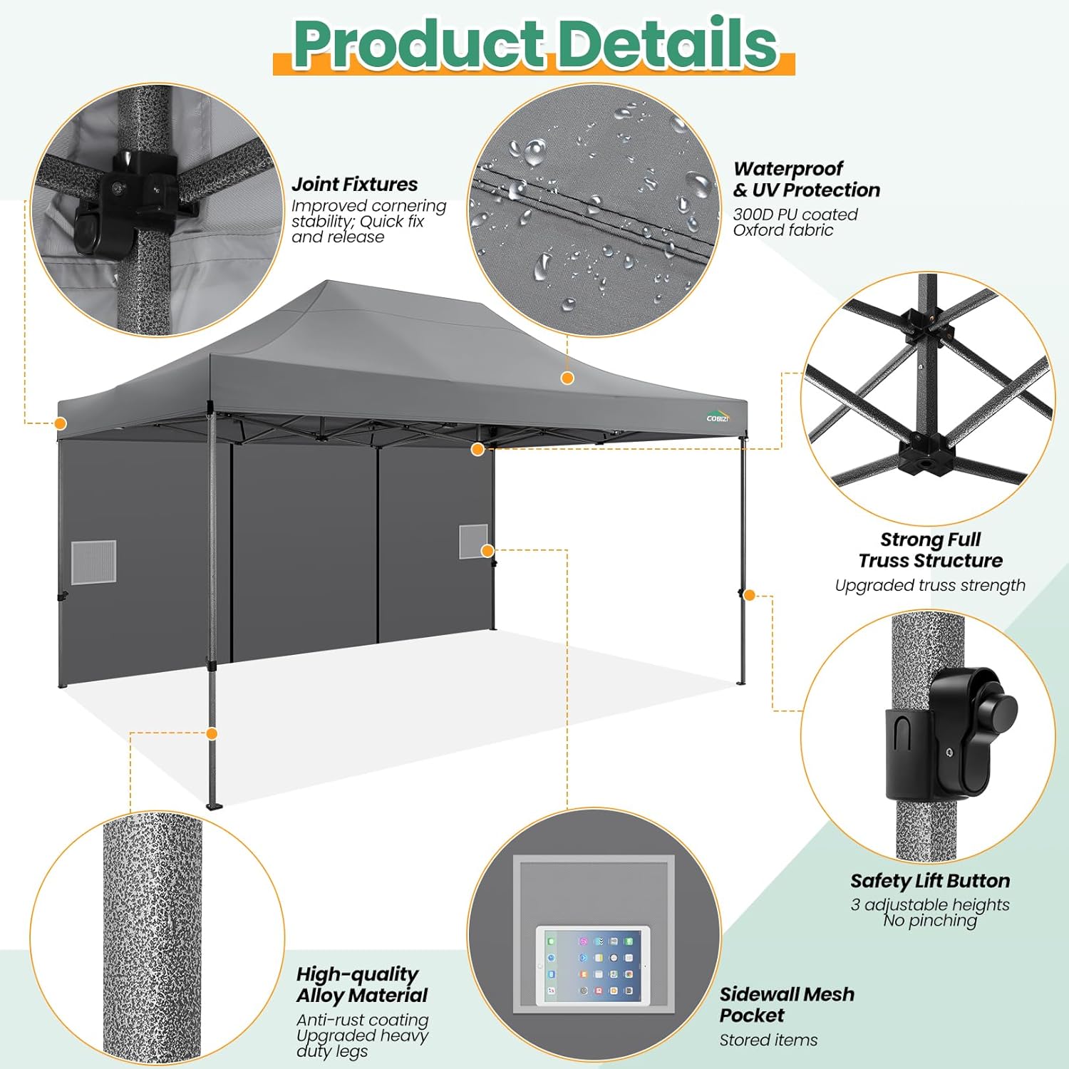 COBIZI Pavillon 3x4,5 wasserdicht stabil Winterfest 3.0,Faltpavillon 3x4,5 Partyzelt, Gartenpavillon UV Schutz mit 4 Seitenteilen Festival Partyzelt Sonnenschutz Pavillon, Grau