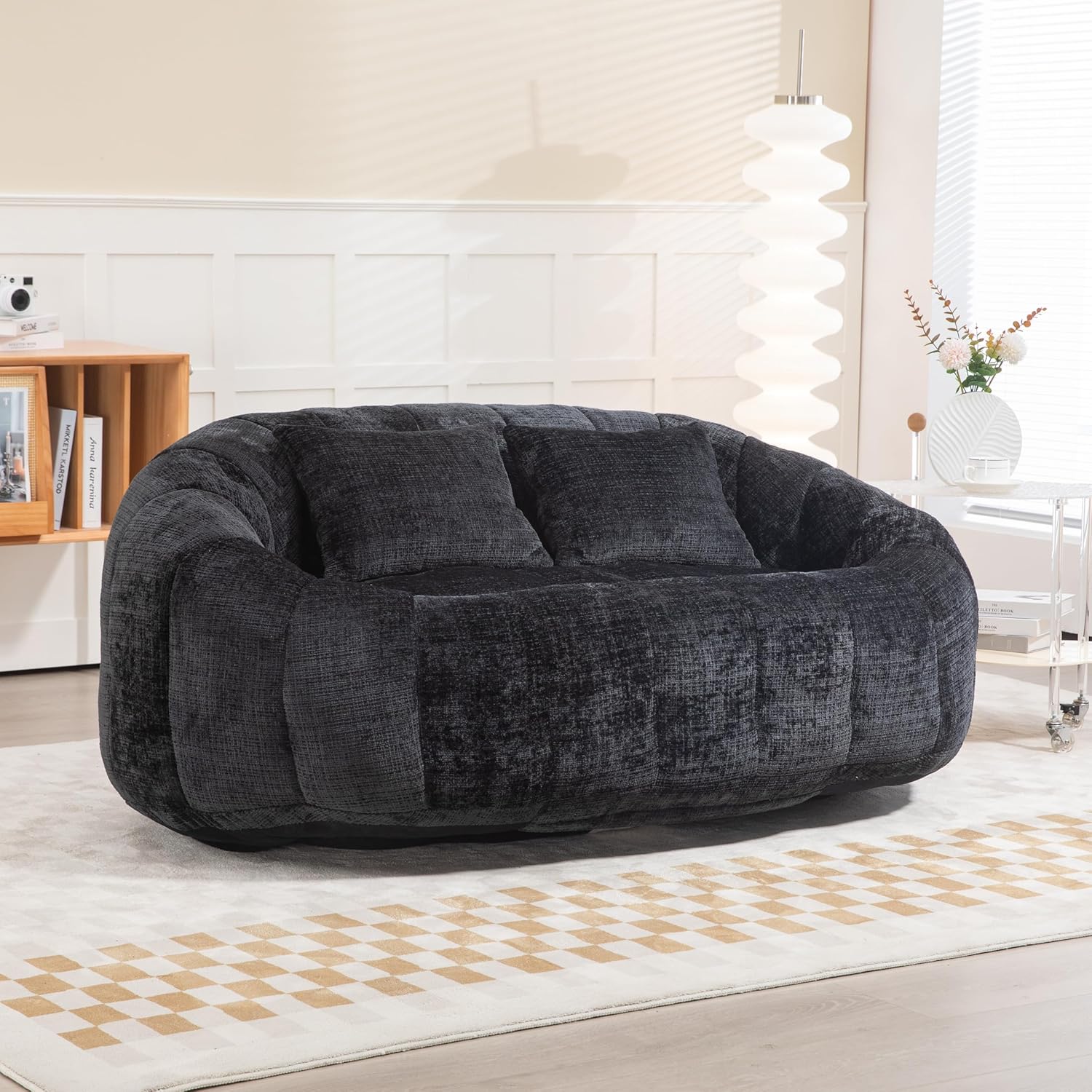 Bean Bag Sofa Lazy Sofa Chenille Sitzsack für Erwachsene & Kinder mit hohem Rücken, Hochdichter Memory Schaumstoff Füllung, Indoor Outdoor Lounger Sessel ohne Montage (Schwarz)