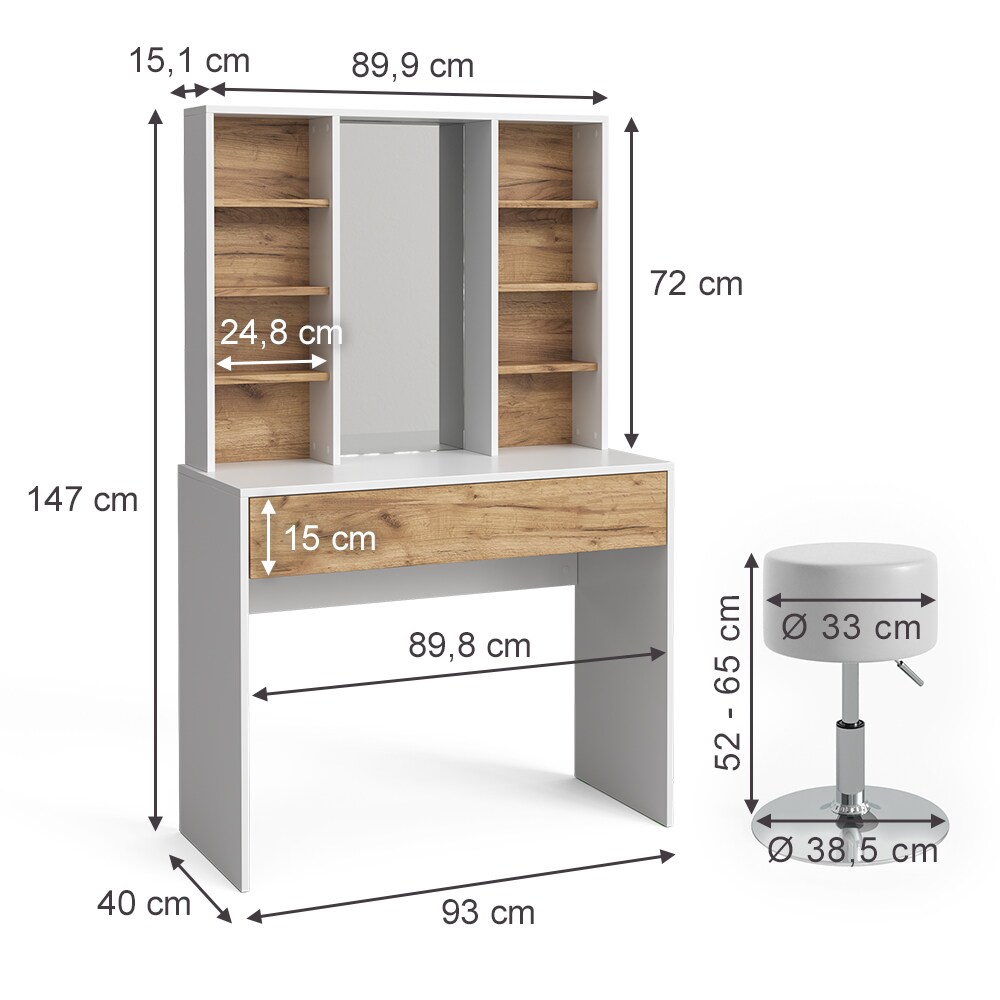Vicco Schminktisch Alexa 93 x 147 cm Weiß Eiche, Hocker, Frisiertisch, modern