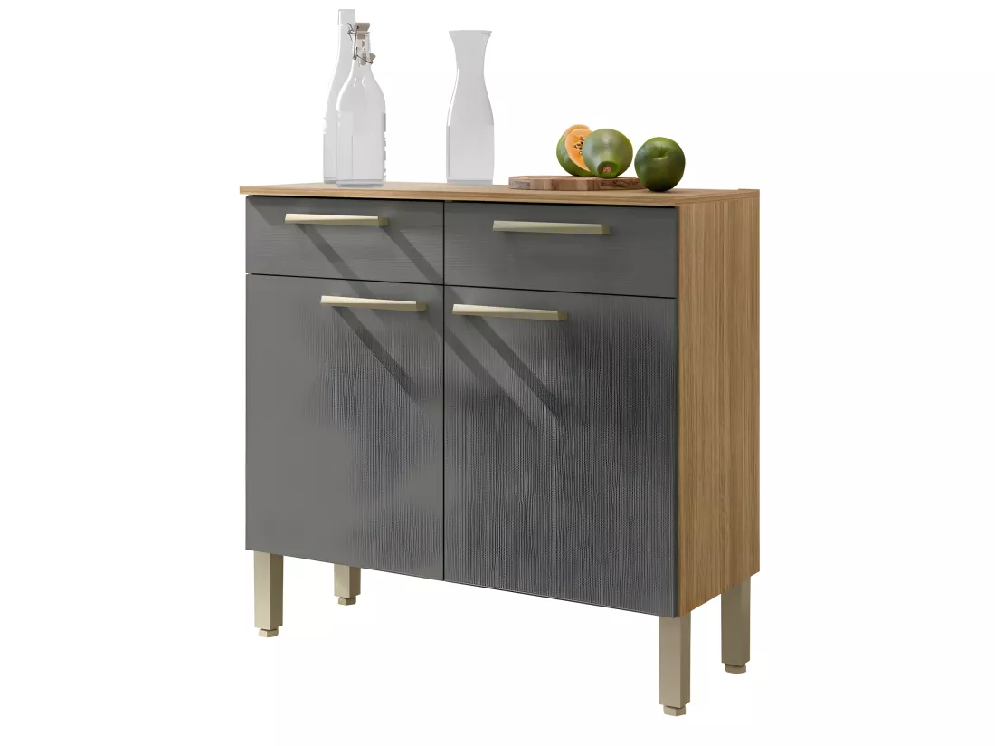 Buffet Bas Meuble Cuisine 2 Portes 2 Tiroirs Chêne et Gris 2 Niches 91 cm
