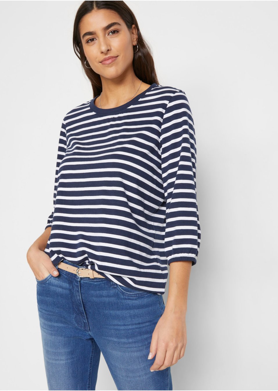 T-shirt coton rayé avec manches 3/4