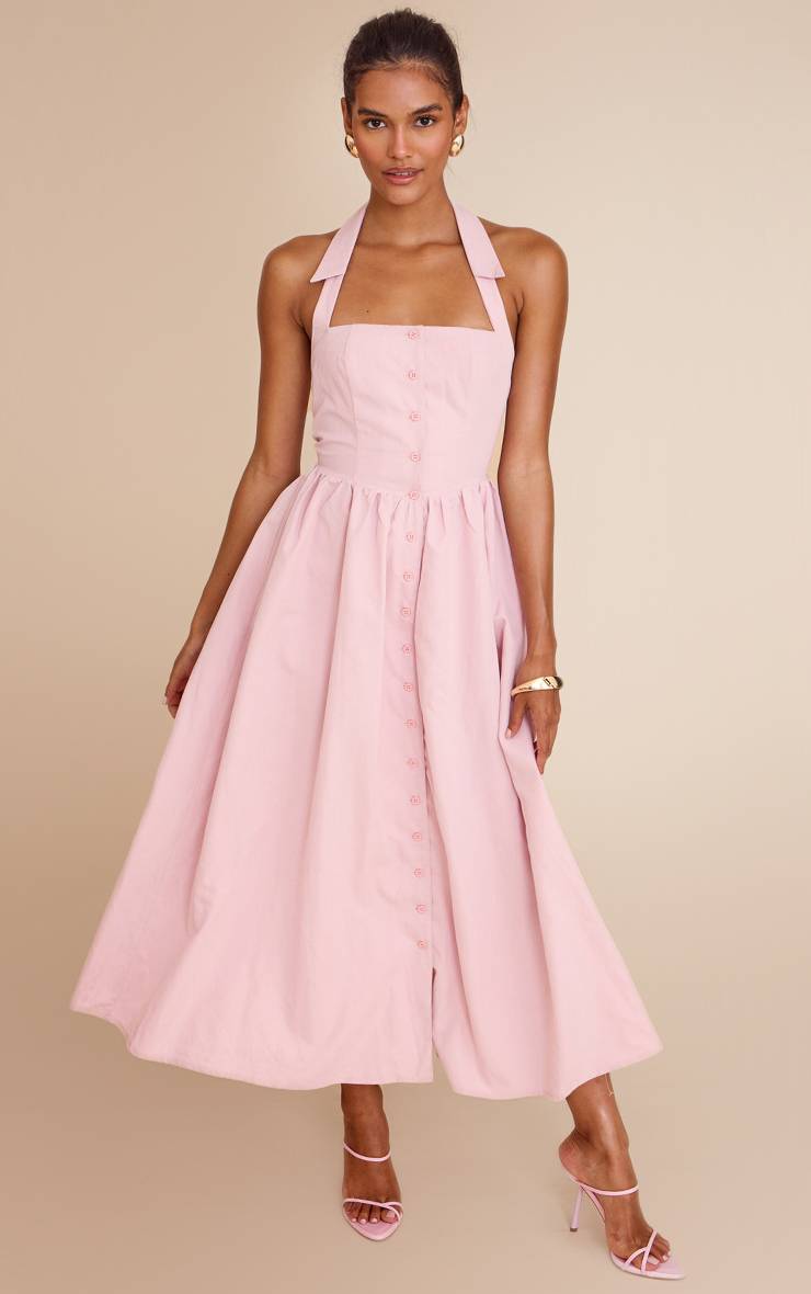 Rose Poudré Robe Mi-longue Tissée À Col Boutonné