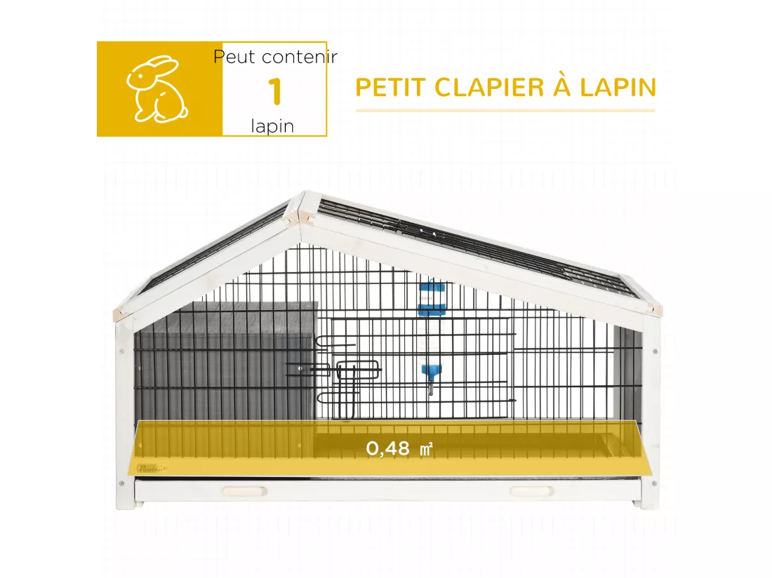 Clapier cage à lapin - niche, plateau déjection, porte et toit ouvrant verrouillables, abreuvoir - acier noir sapin gris blanc