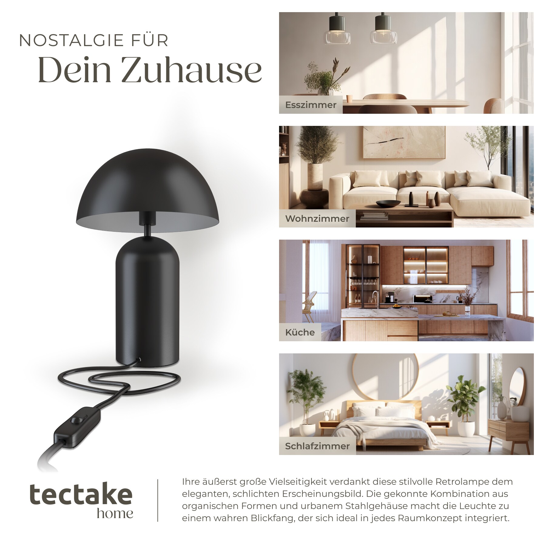 tectake® Retro-Tischlampe, Pilzdesign im 70er Jahre Stil, indirektes Licht, Kippschalter am Kabel, 25 x 37 cm