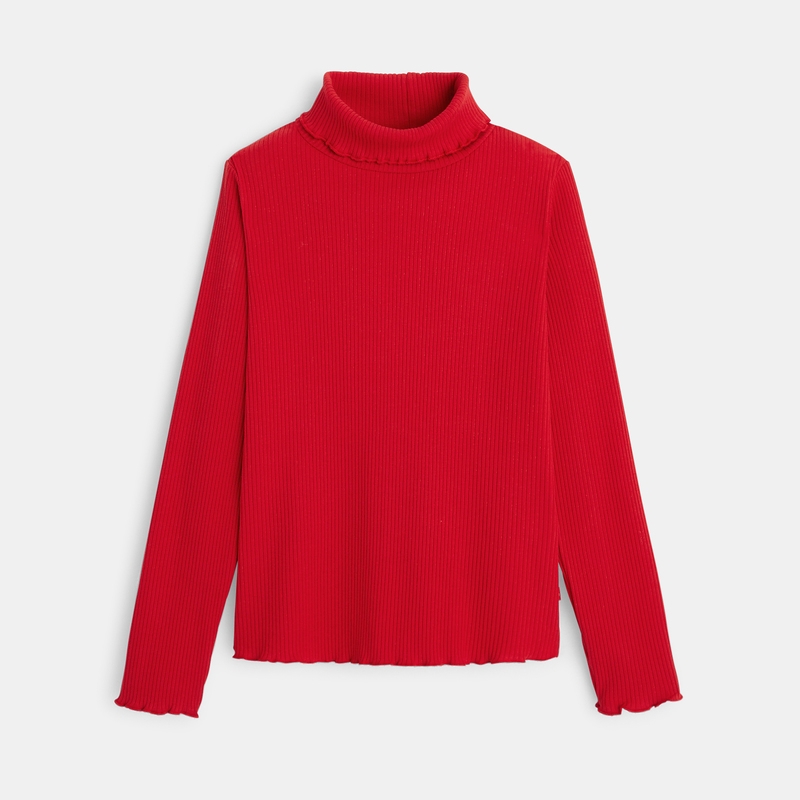 T-shirt col roulé côtelé uni rouge fille