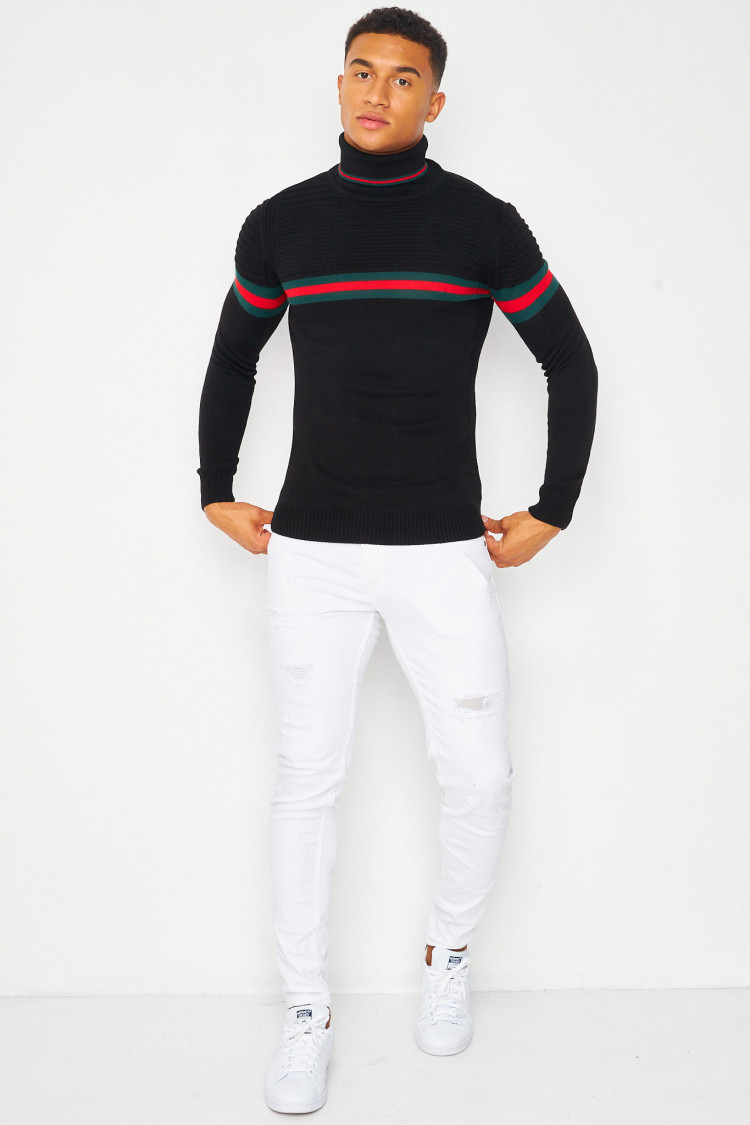 Pull noir col roulé à bande tricolore
